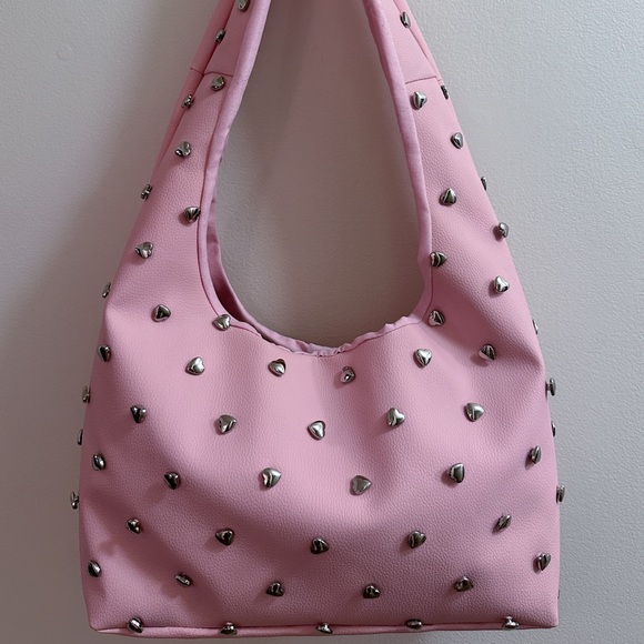 Handmade Light Pink Faux Leather Silver Stud Hearts Studded Beaded Shoulder Bag - Picture 6 of 10